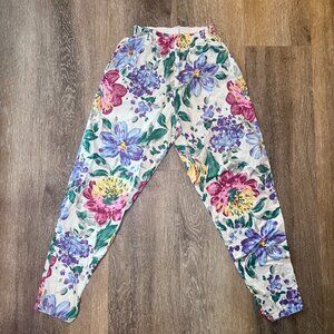 Vintage 90s Floral Print High-Waisted Leggings - Pink & Purple - Size M
